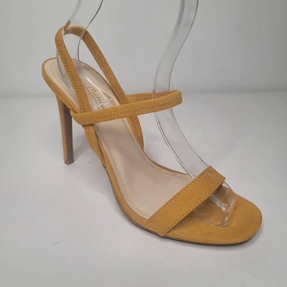 AnneMichelle mustard crisscross band open-toe pump